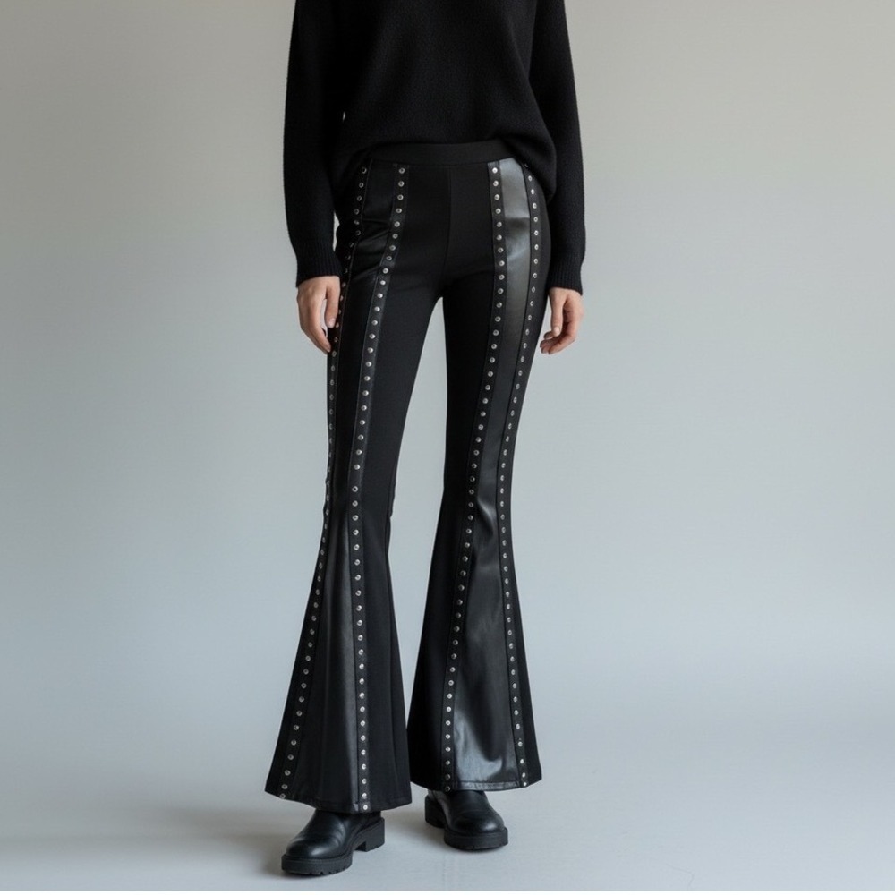 ROMWE Black Studded Faux Leather Woman's Small Flare Leg Pants